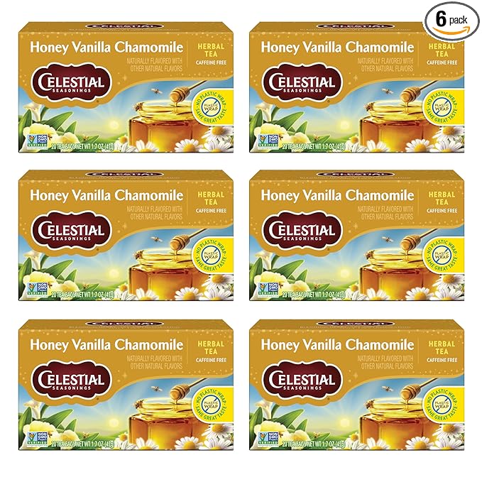 Celestial Seasonings Chamomile Tea Bags - Honey Vanilla Herbal Tea, Caffeine Free, 20 Bags Per Box (Pack of 6)