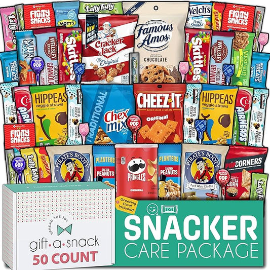 Gift A Snack - Haloween Trick or Treats Snack Box Variety Pack Care Package + Greeting Card (50 Count) Birthday Sweet Treats Gift Basket, Candies Chips Crackers Bars, Office Food Assortments