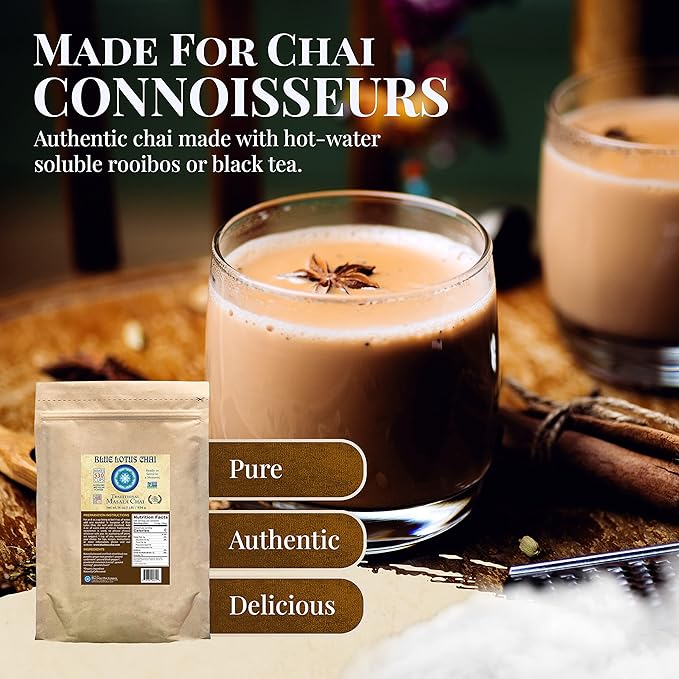 Blue Lotus Chai - Traditional Masala Chai - Makes 530 Cups - 1 Pound Bulk Bag Masala Spiced Chai Powder with Organic Spices - Instant Indian Tea No Steeping - No Gluten