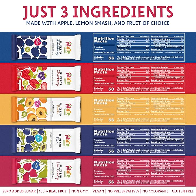 Mate Fruit Bars Variety Pack (40 Pack) - 100% Natural Real Fruit Snacks for Adults and Kids, Healthy Snacks, Fruit Leather. Gluten-Free, Vegan, No Added Sugar, No Preservatives and No Colorant
