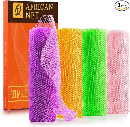 UJFQBH 4 Pieces African Net Sponge African Net Long Net Bath Sponge Exfoliating Shower Body Scrubber Back Scrubber Skin Smoother,Great for Daily Use (Purple, Orange, Green, Pink)