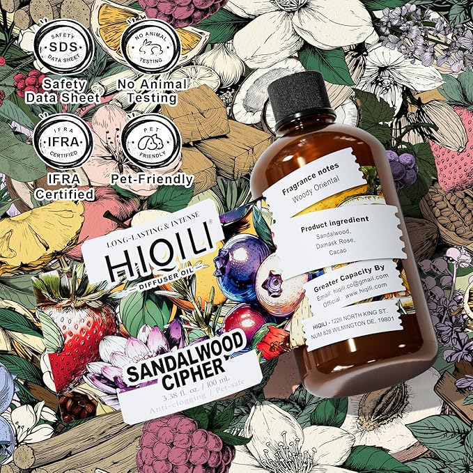 HIQILI Sandalwood Cipher Diffuser Oil, Ideal for Scent Diffuser, Car Air fresheners, Relaxing & Cozy, Long Lasting - 3.38 Fl Oz