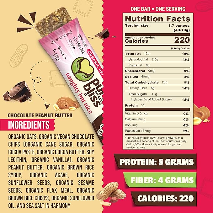 Organic Real Food Bar (Chocolate Peanut Butter) Non-GMO, Gluten Free, Vegan, Nutrition Bars, Energy Bars, Super Food Simple Ingredients, Best Tasting, Healthy Snack, Breakfast Bars, Dairy Free, Soy Free, Pure Bliss Organics (1.7 oz bar, 12-Pack Case)