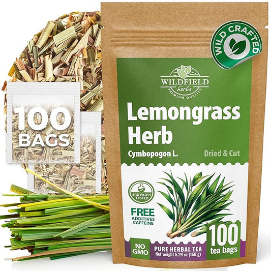 100 Bags Dried Lemongrass Tea Lemon Grass Leaf Herbal Tea Zacate De Limon (Cymbopogon) - 100 Count 1.5g Bags Lemongrass Chai Herb Limoncillo (Hierba Limon)