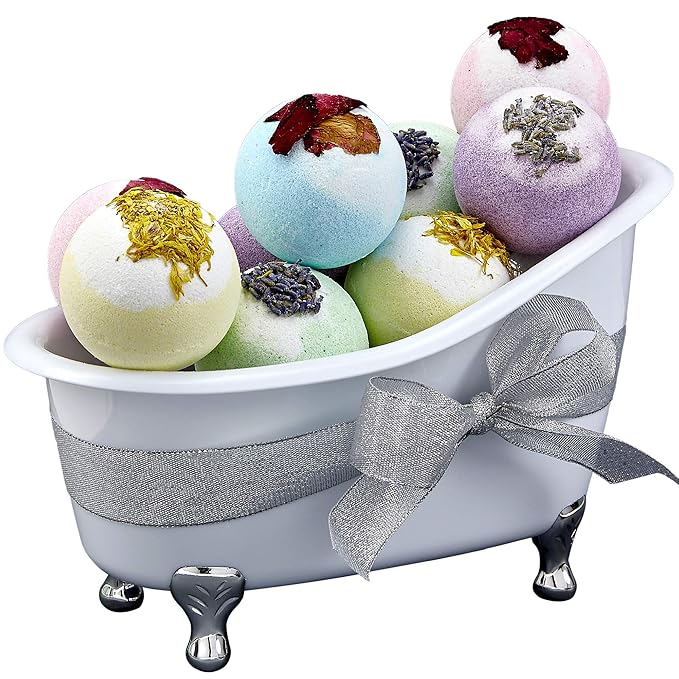 Bath Bomb Self Care Gifts for Women, White Elephant Gifts for Adults,10 Oversized Two Tone Bath Fizzies with Shea & Coco Butter Dry Flower Petals, Rich, Spa Bath Set in Cute Tub