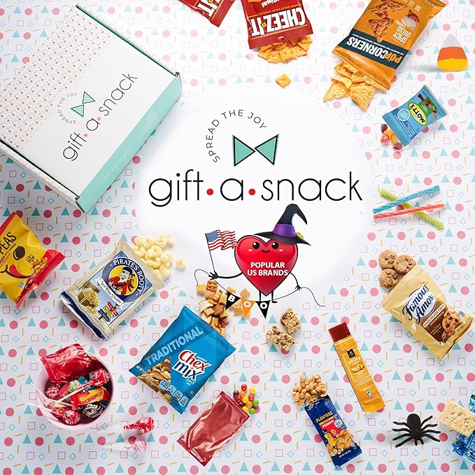 Gift A Snack - Halloween Candies Trick or Treats, Snack Box Care Package + Greeting Card (45 Count) Sweet Treats Gift Basket, Corn Candy Scary Spiders Stuffers Chips - Food Assortments