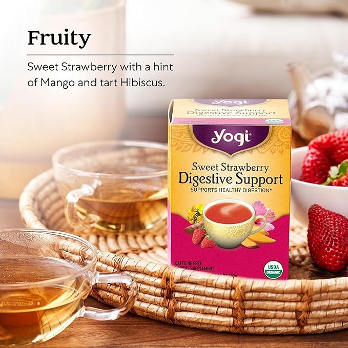 Yogi Sweet Strawberry Digestive Support Herbal Tea, Caffeine-Free, Vegan Friendly, Kosher, USDA Certified Organic, Non-GMO, 16 Tea Bags (Pack of 6)
