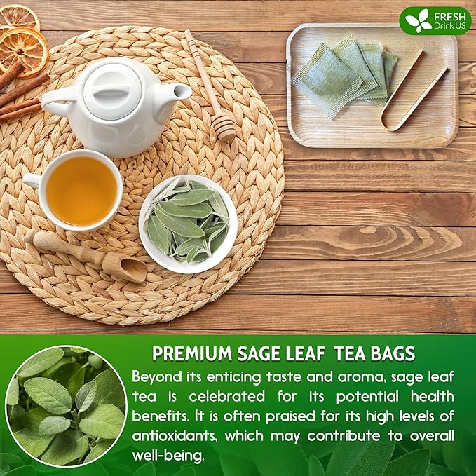 FreshDrinkUS, Premium 35 Sage Leaf Tea Bags, 100% Natural & Pure from Sage Leaves. Loose Leaf Sage Herbal Tea. Made with Natural Material Tea Bags. No Sugar, No Caffeine, No Gluten, Vegan.