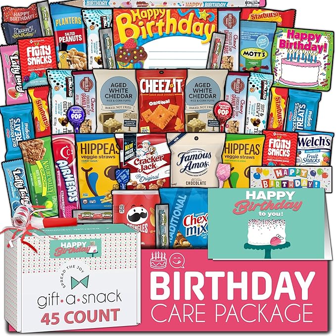 Gift A Snack - Happy Birthday Snack Box Variety Pack Care Package + Greeting Card (45 Count) Bday Sweet Treats Gift Basket, Candies Chips Crackers Bars - Food Assortments Assortments & Variety Gifts