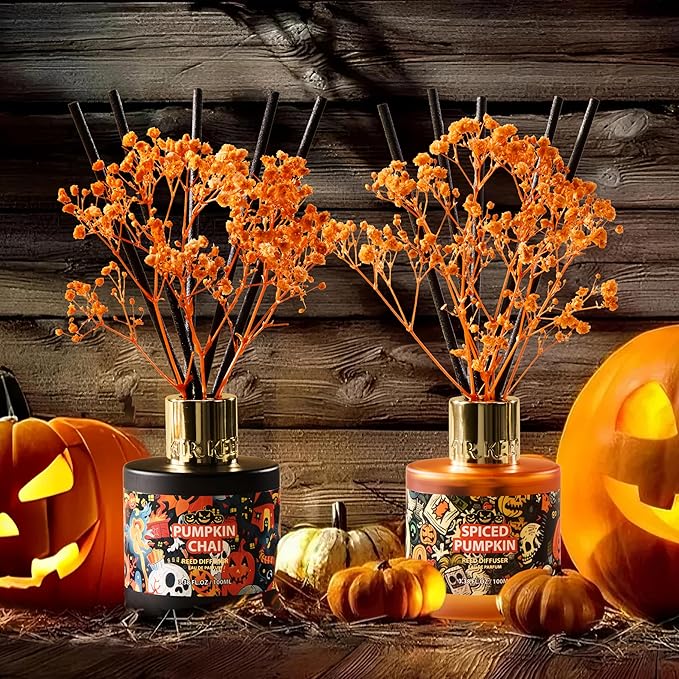 Airkeep Reed Diffuser Set,3.38 fl oz (100 ml) - Spiced Pumpkin Oil Diffusers with 8 Reed Sticks, Home Fragrance Reed Diffuser for Bathroom Shelf Decor