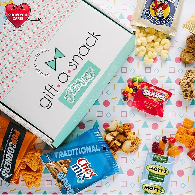 Gift A Snack - Thank You Snack Box Variety Pack Care Package + Greeting Card (45 Count) Appreciation Sweet Treats Gift Basket, Candies Chips Crackers Bars - Cravy Food Assortments & Variety Gifts
