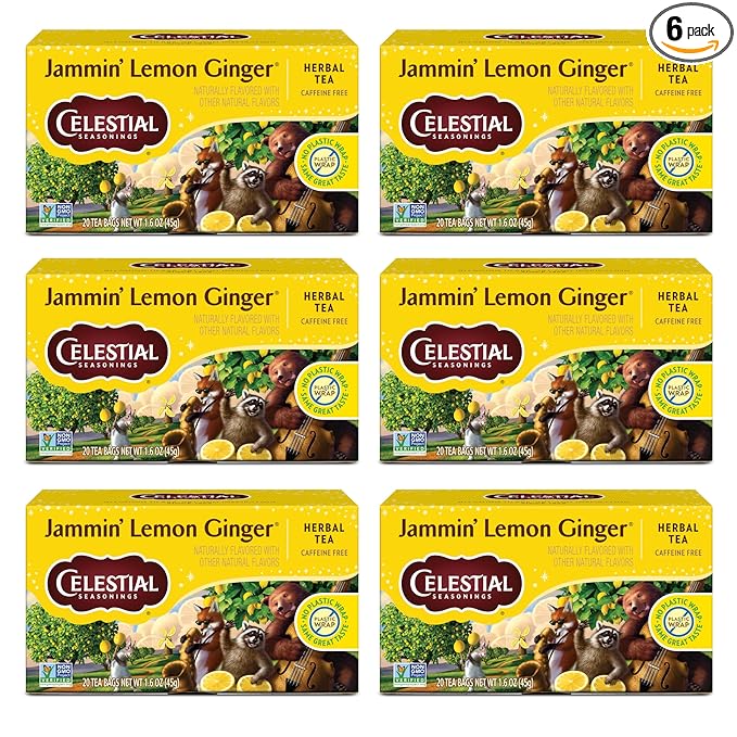 Celestial Seasonings Jammin' Lemon Ginger Herbal Tea, Caffeine Free, 20 Tea Bags Box (Pack of 6)