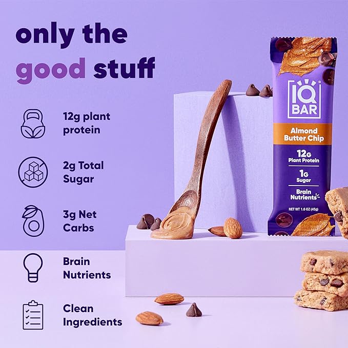 IQBAR Brain and Body Plant Protein Bars - Almond Butter Chip - 12-Count - Keto, Vegan, Low Carb, High Fiber, Gluten Free, Dairy Free, Low Sugar Snack with Nutrients for Focus, Energy, Meal Replacement