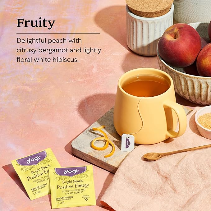 Yogi Tea Bright Peach Positive Energy Tea - 16 Tea Bags per Pack (6 Packs) - Organic Tea to Support Focus & Energy - Includes Oolong Tea Leaf, White Hibiscus Flower, Rose Hips & More