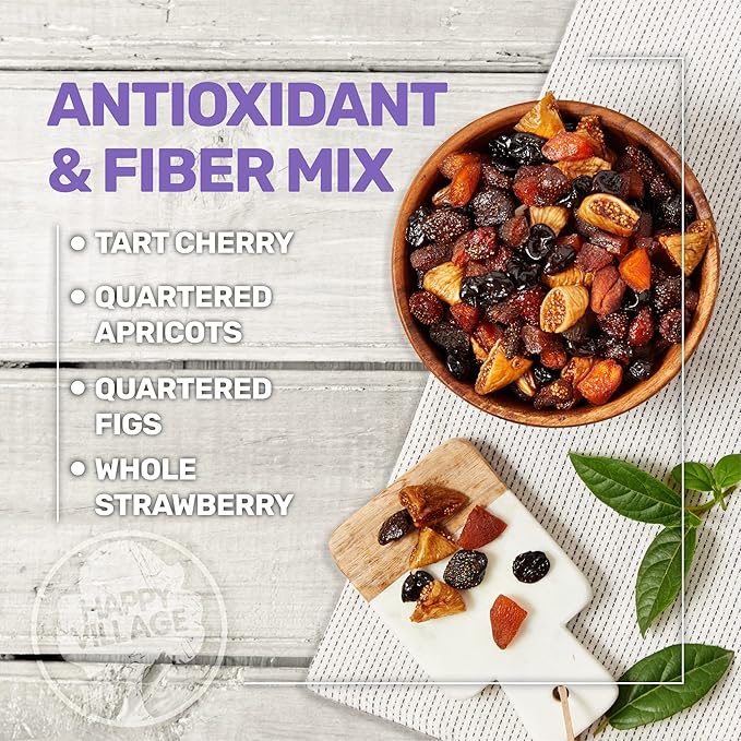 Happy Village Organic Dried Fruit Mix - Apricots, Figs, Strawberries & Tart Cherries, 18 OZ (3 Packs of 6 OZ) - Kosher, Non-GMO, No Refined Sugar, Vegan, Unsulfured Dried Fruit Medley