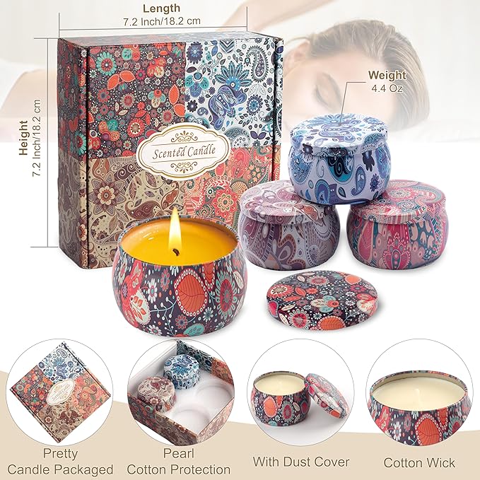 Scented Candles Gifts for Women - Soy Wax Natural Candle Set Aromatherapy Outdoor Indoor Small Aroma Candle Gift 4 PCS 4.4 Oz for Mothers Day Birthday Valentines Christmas Home Spa Bath Yoga