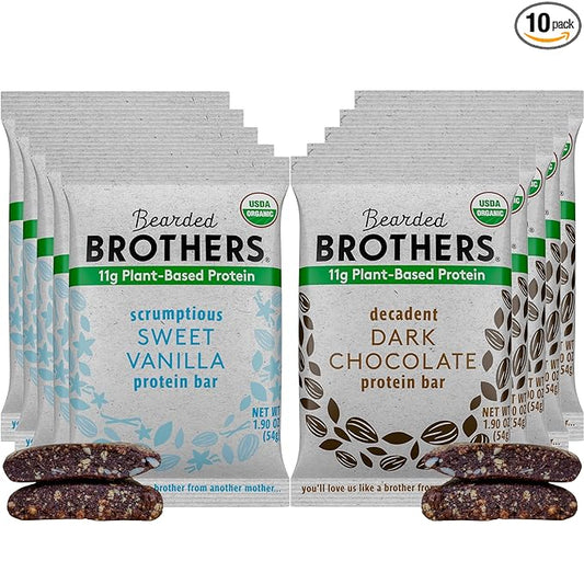Bearded Brothers Organic Protein Bars, Dark Chocolate and Vanilla (10 Pack) - Plant Based Protein, Gluten Free, Vegan