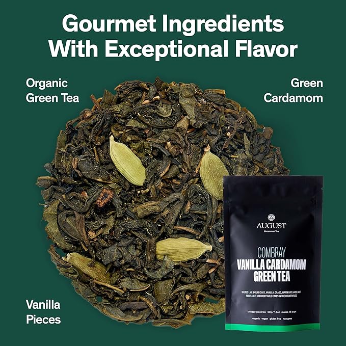 August Uncommon Combray Loose Leaf Tea – Organic Vanilla and Cardamom Green Tea – Vegan, Gluten-Free, and Non-GMO Organic Tea – Bold Dessert-Inspired Flavor in a Resealable 1.8oz Pouch (15-30 Cups)