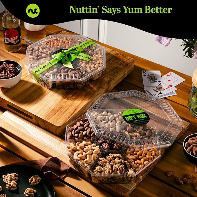 NUT CRAVINGS - Diwali Sweets Hamper Mixed Nuts Gift Basket + Heart Ribbon (7 Assortments) Food Arrangement, Healthy Snack Care Package, Food Assortments