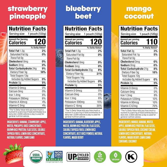 Noka Superfood Fruit Smoothie Pouches Variety Pack, Healthy Snacks with Flax Seed, Plant Protein and Prebiotic Fiber, Vegan and Gluten Free Snacks, Made in USA, Organic Squeeze Pouch, 4.22 oz, 6 Count
