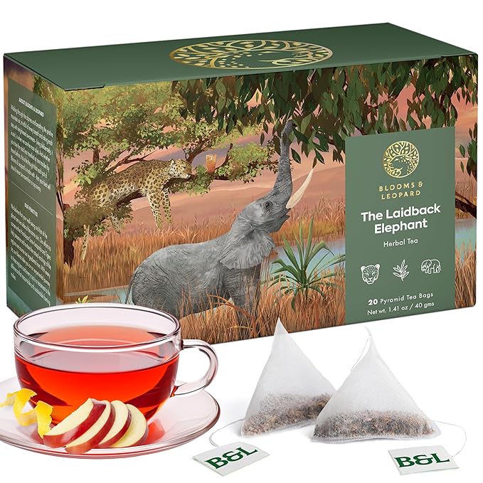 Blooms & Leopard Premium Herbal Tea Bags | The Laidback Elephant Blend | Rooibos, Apple, Lemongrass, Lemon Peel & Coconut Flakes | Caffeine-Free Herbal Infusion for Relaxation, Detox & Wellness | 20 Pyramid Tea Bags