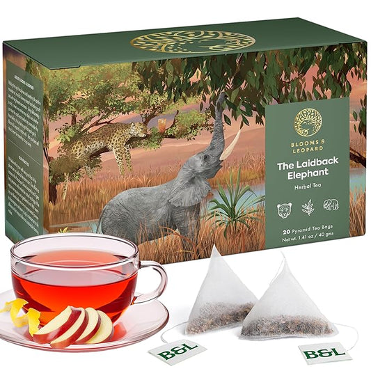 Blooms & Leopard Premium Herbal Tea Bags | The Laidback Elephant Blend | Rooibos, Apple, Lemongrass, Lemon Peel & Coconut Flakes | Caffeine-Free Herbal Infusion for Relaxation, Detox & Wellness | 20 Pyramid Tea Bags