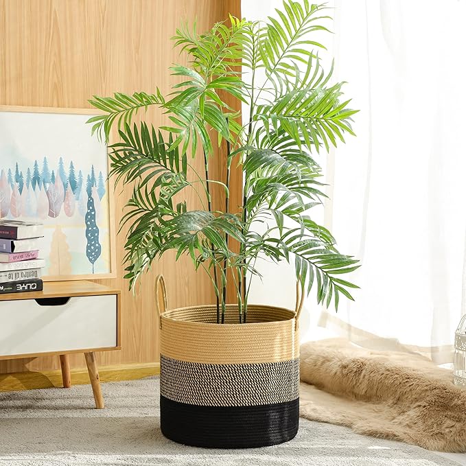 KAKAMAY Large Blanket Basket (18"x18"x16"),Woven Baby Laundry Hamper for Storage, Cotton Rope Blankets Baskets for Nursery, Laundry, Living Room, Pillows, Baby Toy Chest with Handles (Black)