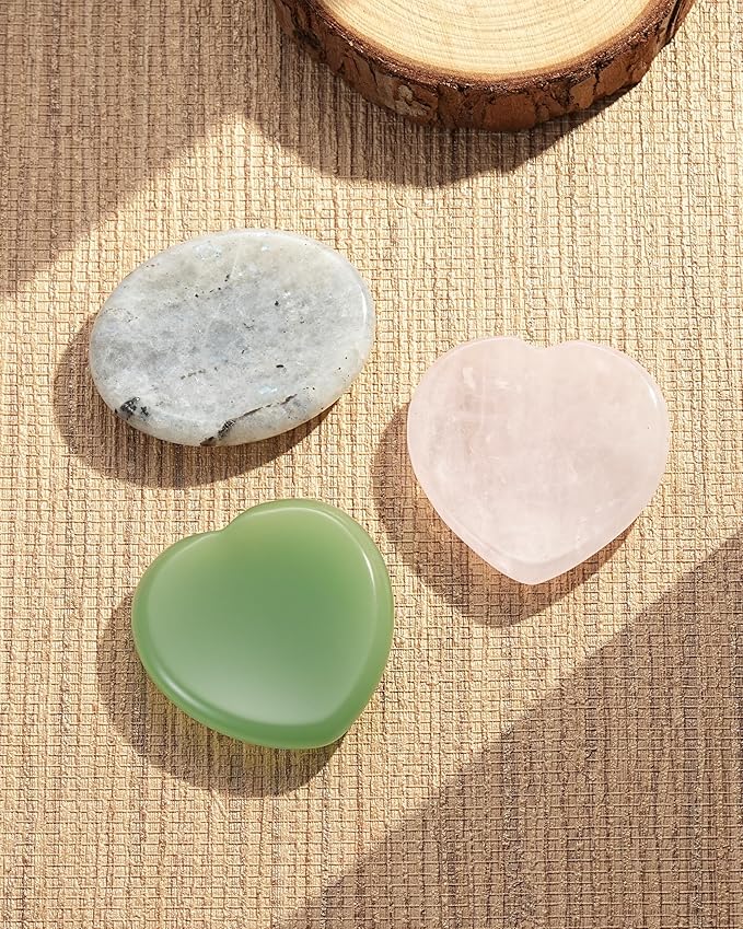QianCannaor Rose Quartz Heart Shaped Worry Stone for Adults • Crystals and Healing Stones for Anxiety, Stress Relief & You are Loved! • Pocket Palm Stone with Affirmation Card