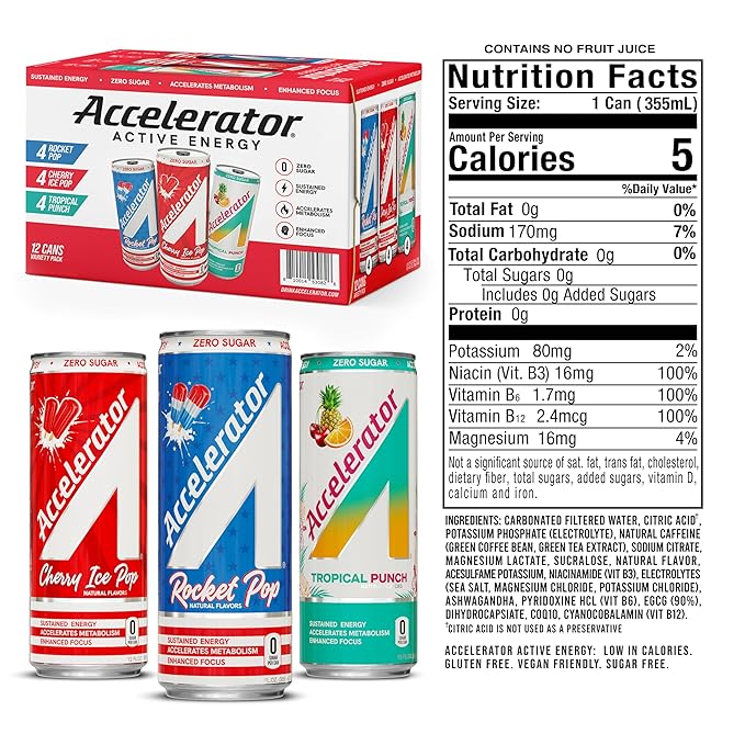 Accelerator Energy Drink Sugar Free, Variety Pack 12oz can(12 pack), Zero Sugar Energy Drinks with Sustained Energy from 100% Natural Caffeine (200mg) & Green Tea extract