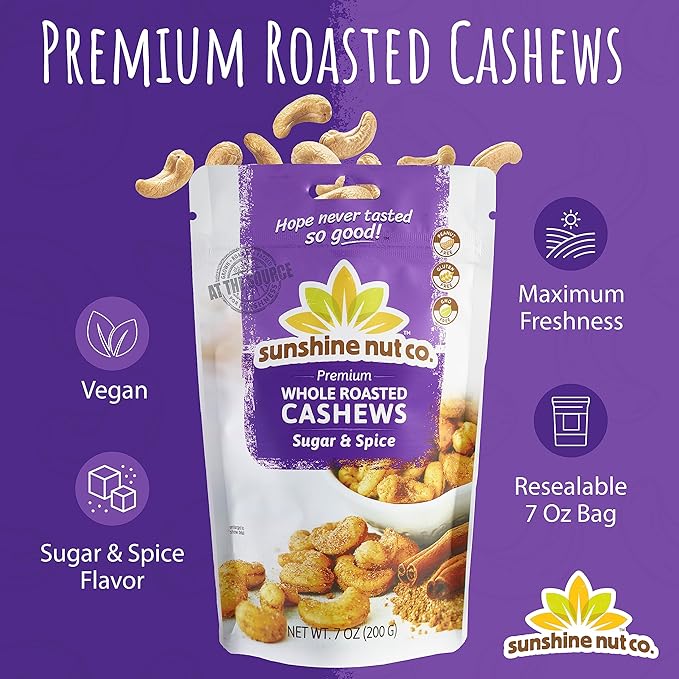 Sunshine Nut Company Whole Roasted Lightly Salted Cashews, Sugar and Spice Flavor, 4 Pack, 7 oz. Each, Gluten Free, Peanut Free and Vegan Individual Snack Packs for Kids and Adults, GMO Free