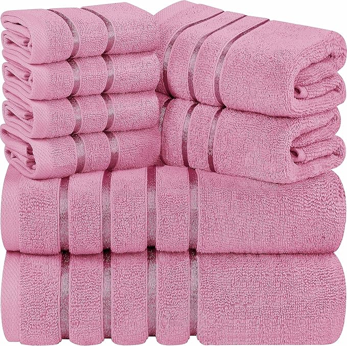 Utopia Towels 8 Piece Luxury Towel Set, 2 Bath, 2 Hand, and 4 Wash Cloths, 600 GSM Ring Spun Cotton, Highly Absorbent Viscose Stripe Towels, Ideal for Everyday use, Pink