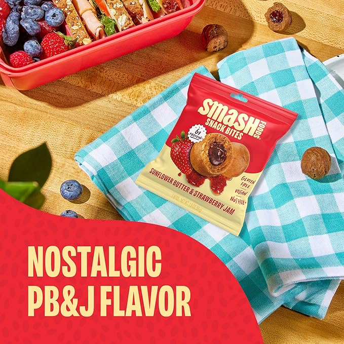Smash Foods Strawberry Energy Bites | 5 Gluten-Free Vegan Snack Balls with No Sugar Added | 6g Protein, Superfood Jam, Chia Seeds | On-the-Go Convenience | Sunflower Butter & Strawberry | 8 Packs
