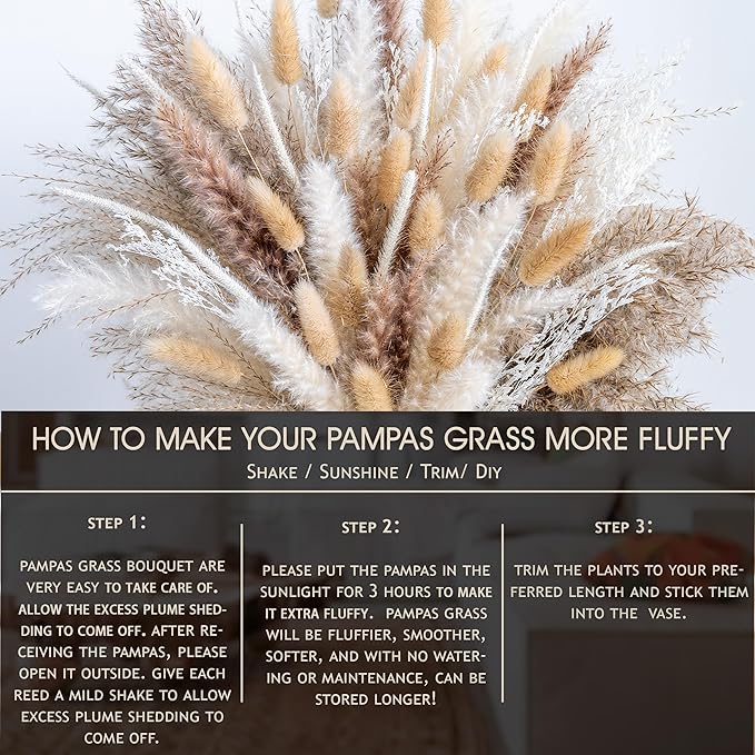 150pcs Pampas Grass + 1 White Ceramic vase + 1 Wood Bead Garland , Boho Home Decor Bouquet Phragmites Dried Flowers Bouquet for Wedding Floral Arrangements Home Decorations