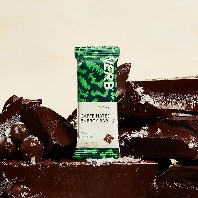 Verb Caffeinated Energy Bars Chocolate Sea Salt (26g, Pack of 16) 110-Calorie Delicious Low Sugar Energy Bar - Vegan Gluten Free On-the Go Snack with 80mg Green Tea Caffeine Only Real-Food Ingredients