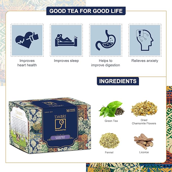Dabri Chamomile Green Tea Bags | 16 Pyramid Bags | Calming Herbal Wellness Tea with Whole Leaf Green Tea & Natural Chamomile Flowers | Soothing Bedtime Tisane