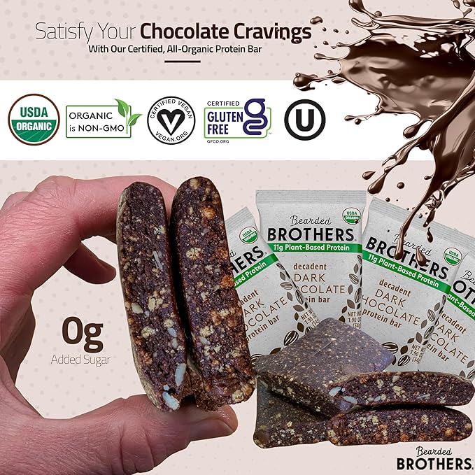 Bearded Brothers Organic Protein Bars, Dark Chocolate (10 Pack) - 11g of Plant Based Protein Gluten Free Vegan, Non-GMO Healthy Snacks for Adults Good Source of Fiber