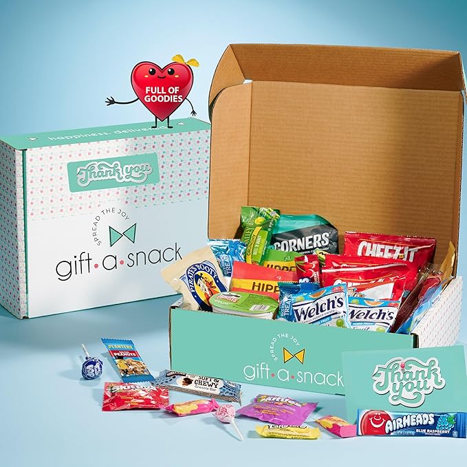 Gift A Snack - Thank You Snack Box Variety Pack Care Package + Greeting Card (45 Count) Appreciation Sweet Treats Gift Basket, Candies Chips Crackers Bars - Cravy Food Assortments & Variety Gifts