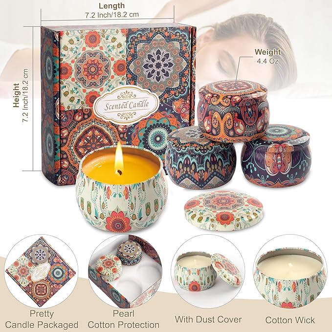 Scented Candles Gift Set - Women Candle Set Natural Soy Wax Aromatherapy Candle Small Gifts 120H Burn Time Candle 4 Pack 4.4 Oz for Christmas Birthday Mum Girl Teacher Mothers Day Bath