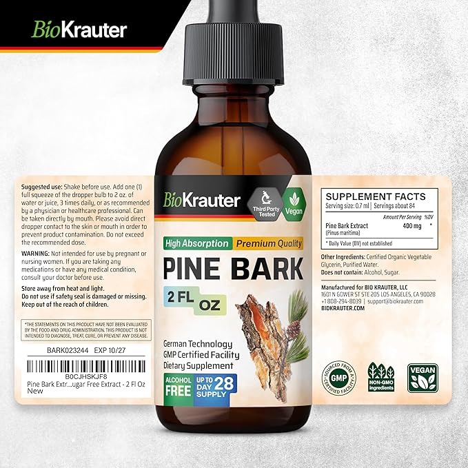 BIO KRAUTER Pine Bark Extract - Rich in Antioxidants Liquid Supplement - 400 mg French Maritime Pine Bark Extract Drops - Vegan, Alcohol & Sugar Free - 2 Fl Oz