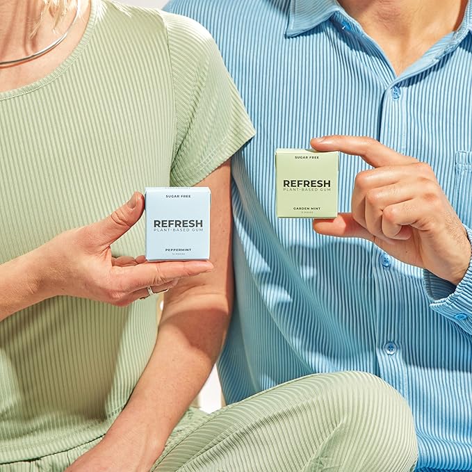 Refresh Gum, Xylitol, Natural, Sugar Free, Chewing Gum, Plastic Free, Natural Flavors & Organic Ingredients, Non GMO, Gluten Free, Vegan, Peppermint & Garden Mint