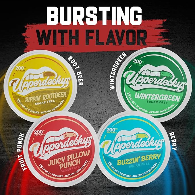 Upperdeckys, Cool Wintergreen Caffeine Energy Pouches - Free Replacement or Alternative for Focus and Energy - Sugar Free Nootropic Pouches, Made in the USA & Delicious Flavor (4-Pack, 200mg)