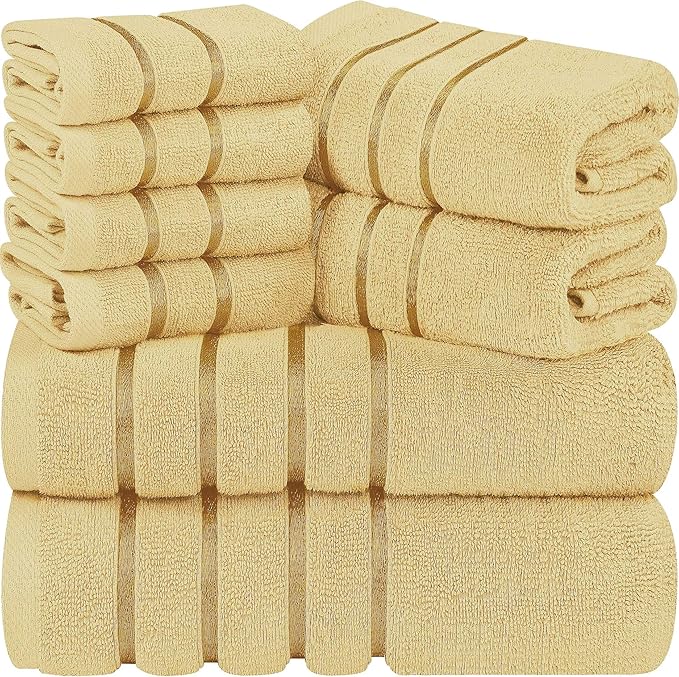 Utopia Towels 8 Piece Luxury Towel Set, 2 Bath, 2 Hand, and 4 Wash Cloths, 600 GSM Ring Spun Cotton, Highly Absorbent Viscose Stripe Towels, Ideal for Everyday use, Beige