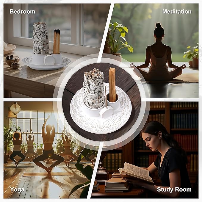 4 in 1 Incense Holder, Ceramic Incense Stick and Palo Santo Holder,Sage Holder for Burning- 5.5" Ceramic Ash Catcher Tray for Meditation and Yoga Room (White)