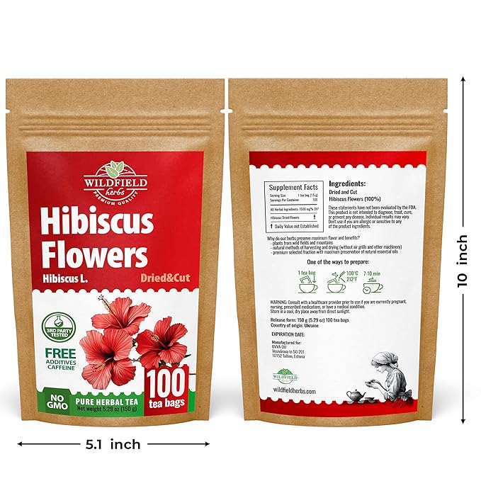 100 Bags Dried Hibiscus Flower Tea Herbal Flor De Jamaica (Hibiscus) - 100 Count 1.5g Tea Bags Dry Dried Flowers Herb Hibisko