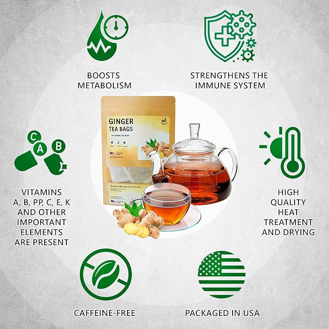 TeaDreamTea Ginger Tea Bags - 100 Bleach-Free Tea Bags | Caffeine Free, Antioxidant, Calms Upset Stomach - Strengthen Immune System - Herbal Ginger Tea