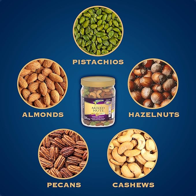 PLANTERS Deluxe Mixed Nuts, Cashews, Almonds, Pecans, Pistachios, Hazelnuts, Roasted with Sea Salt, Party Snacks, Plant-Based Protein Nut Mix, Snacks for Adults, After School Snack Mix, 27oz