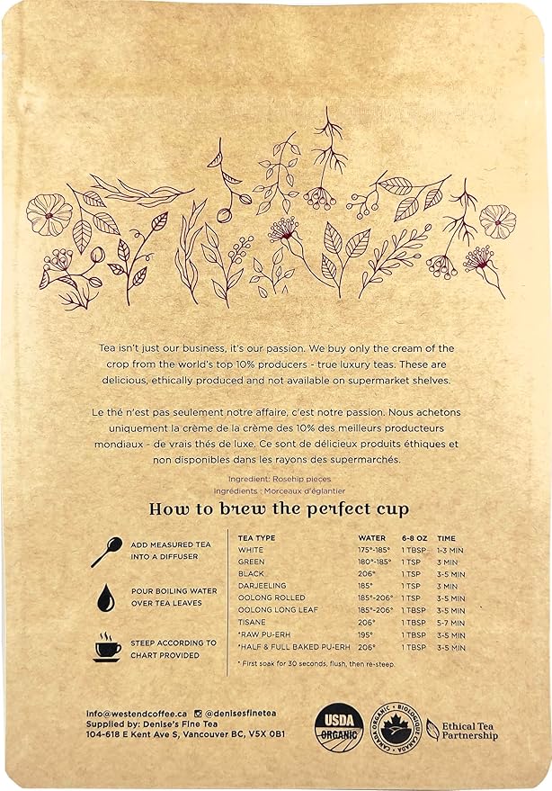 Denise's Fine Tea, Air Dried Rosehip - Pablo 1/4s, Herbal Tea, Caffeine-Free Fruit, Loose, Kosher, Vegan (100g)