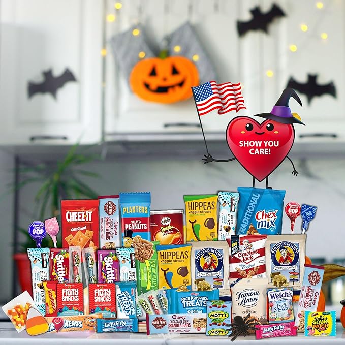 Gift A Snack - Halloween Candies Trick or Treats, Snack Box Care Package + Greeting Card (45 Count) Sweet Treats Gift Basket, Corn Candy Scary Spiders Stuffers Chips - Food Assortments