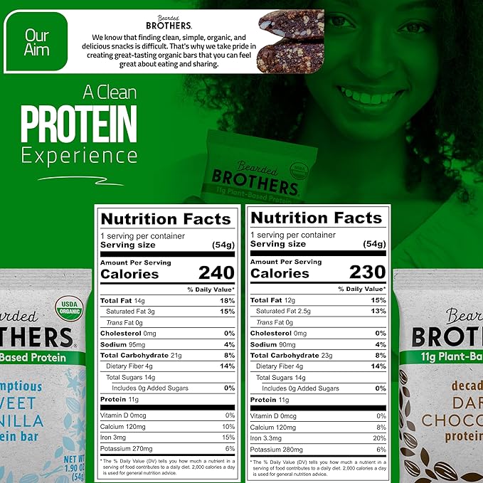 Bearded Brothers Organic Protein Bars, Dark Chocolate and Vanilla (10 Pack) - Plant Based Protein, Gluten Free, Vegan