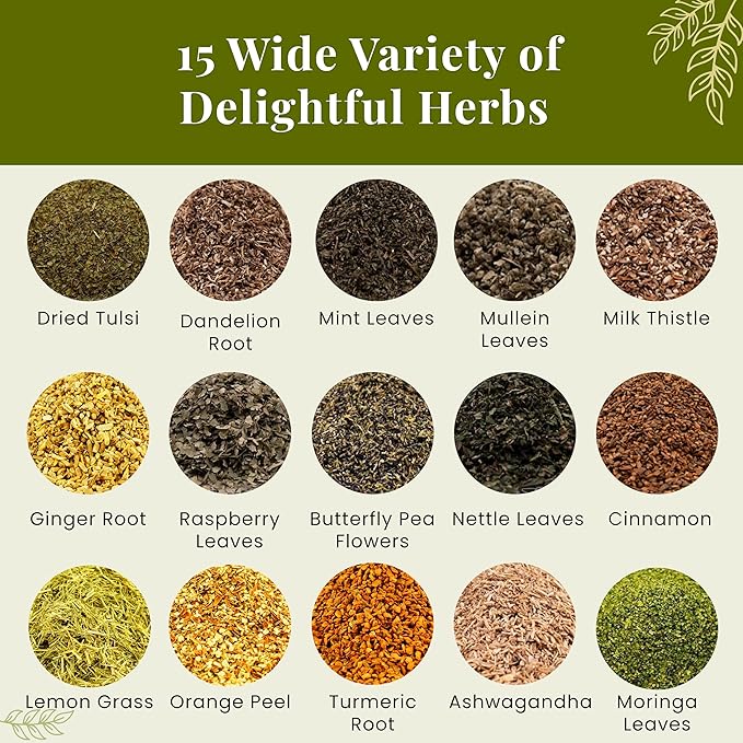 Assorted Loose Leaf Tea | 15 Delightful Herbs | Upto 900 Servings | 100% Raw & Natural | Add Health to your Soups, Smoothies, Teas and more | By Yogi's Gift®